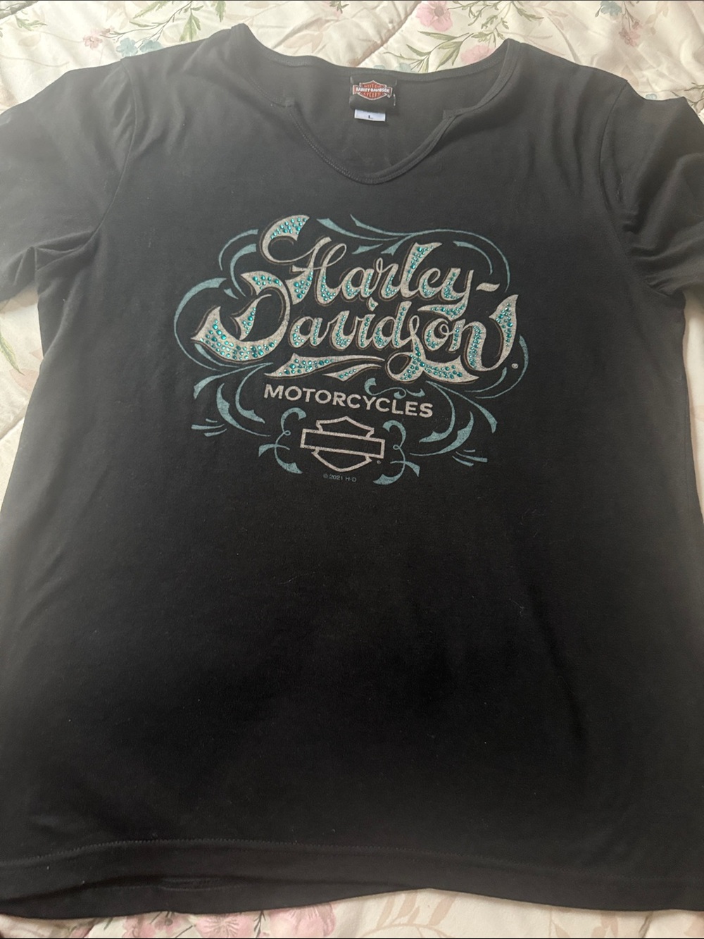 Harley-Davidson Black Tee with Teal Graphic Logo size L emerald coast back logo